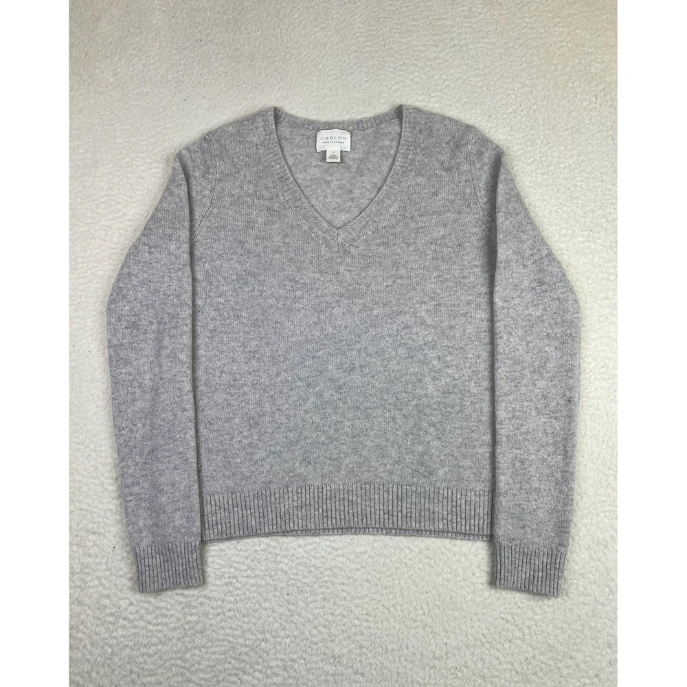 Caslon Sweater Womens Small Gray 100% Cashmere V Neck Long Sleeve Knit Pullover